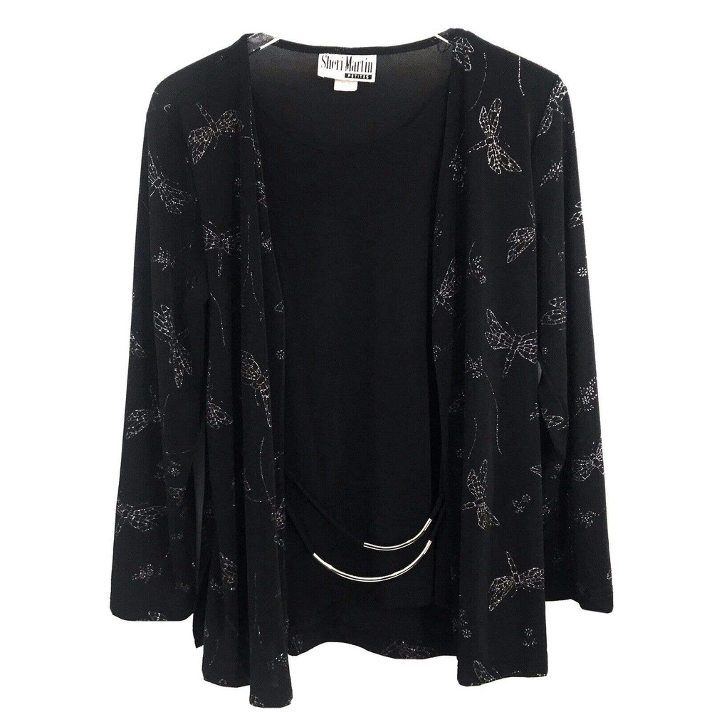 Sherri Martin NY Petites Women's Size 12P Black Glitter Dragon Fly Print Top